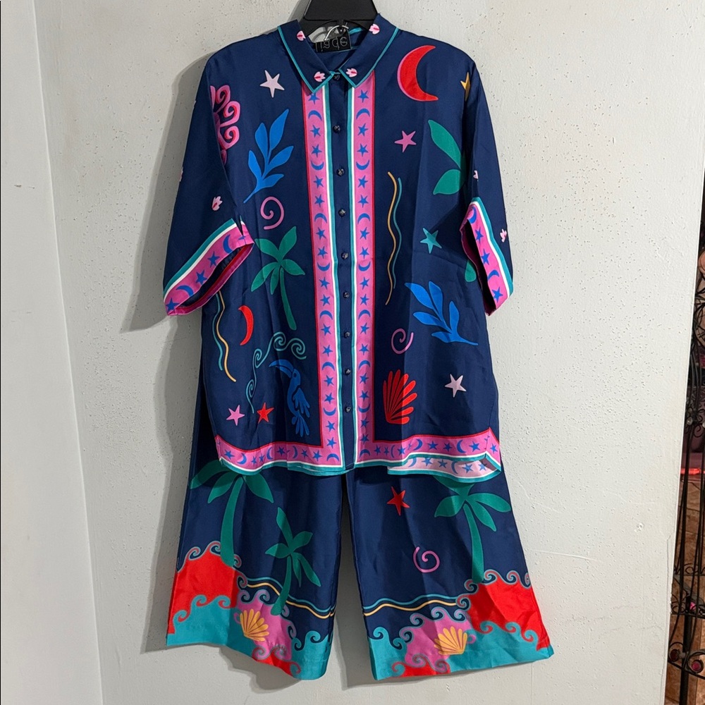 2 pieces Johnny Was Navy Tropical Print Two-Piece Set with Pink Trim NWT